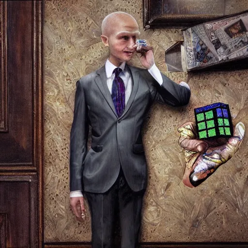 Image similar to hyper - realistic hyper - detailed fine painting of a man wearing a suit and with a rubik's cube head, ultra - realistic detailed surrealism, magical realism