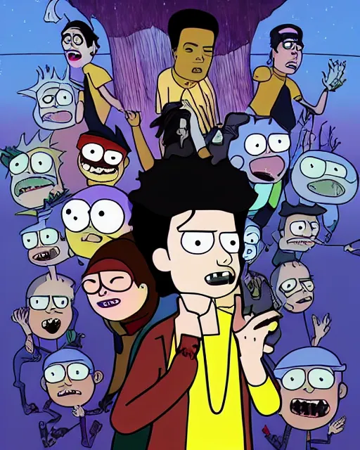 Image similar to michael jackson in the style of justin roiland. cinematic lighting. style of rick & morty. photographic, photography. by justin roiland