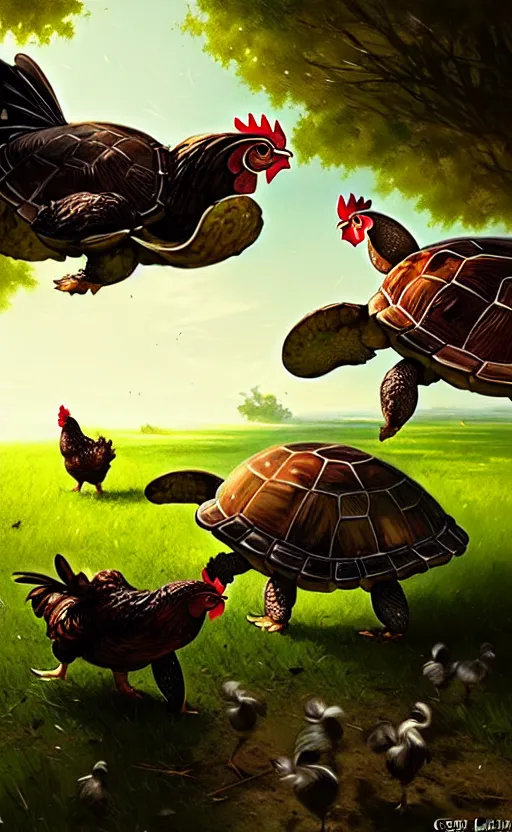 Image similar to chickens battling turtles, wide angle shot by greg rutkowski