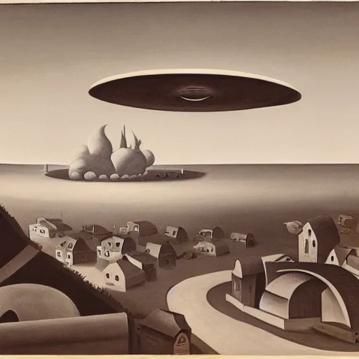 Image similar to painting of mysterious alien saucer hovering over seaside village, 1939, by Thomas Hart Benton