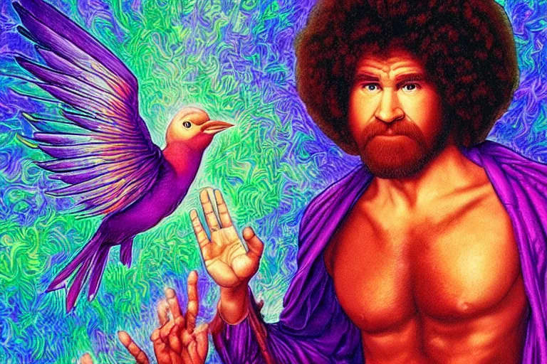 Image similar to bird's eye view of a god transubstantiating into a human being, highly detailed, realistic, as drawn by bob ross and lisa frank