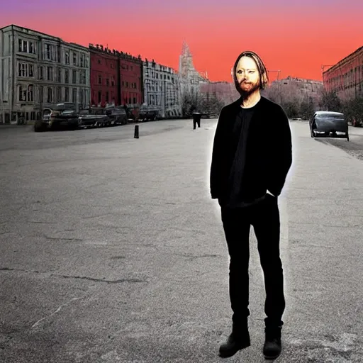 Image similar to thom yorke standing in moscow street, full body, more details, red sky, super realistic,