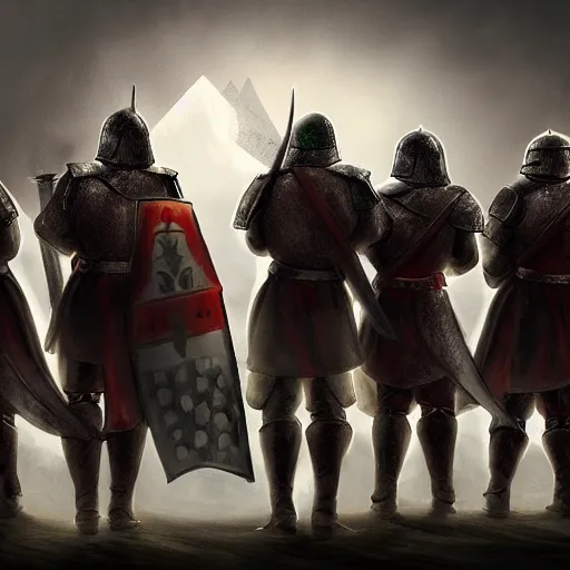 Image similar to realistic, 5 medieval knights, soldiers, in line, pikes, hellbards, banner, flag, mist, picture from behind, epic, digital art, illustration, fantasy, realistic sketch, dark