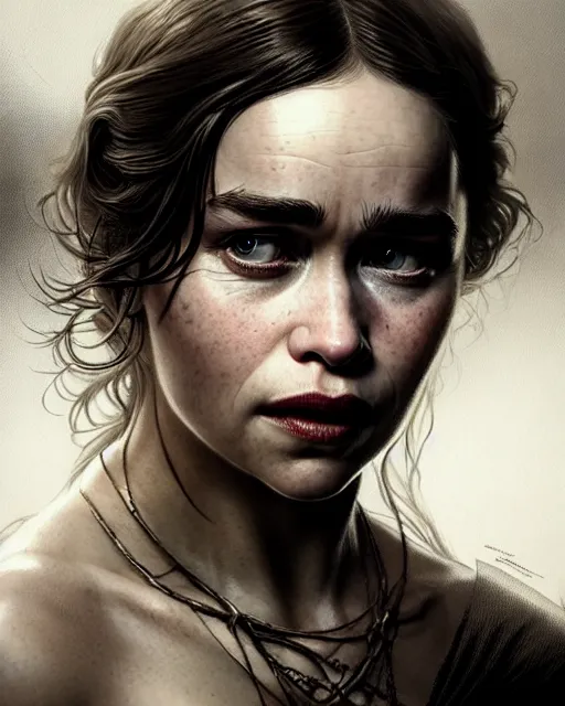Prompt: emilia clarke, character portrait, portrait, close up, concept art, intricate details, highly detailed by greg rutkowski, michael whelan and gustave dore