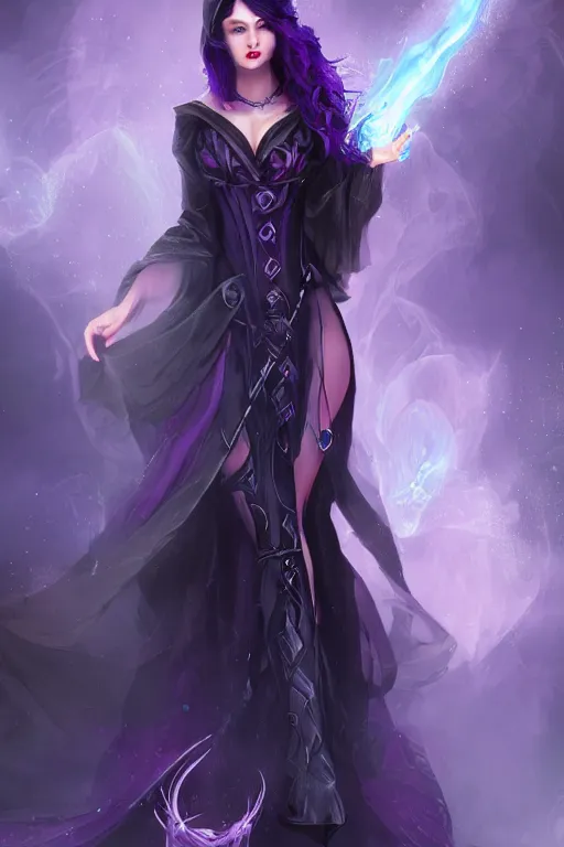 Prompt: Pretty Sorceress, wearing Black and purple robes, Dark blue hair, magic wooden staff, fully covered, corset, Epic fantasy, romantic lead, pretty face, trending by artstation, artstationhd, artstationhq, matte painting, 8k UHD