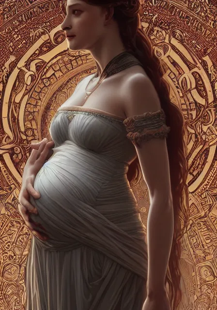 Image similar to sansa pregnant mummy, intricate, elegant, highly detailed, digital painting, artstation, concept art, smooth, sharp focus, illustration, art by artgerm and greg rutkowski and alphonse mucha and william - adolphe bouguereau