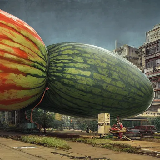 Image similar to Concept Digital Art Highly detailed Giant Watermelon war machine protecting Ukrainian village designed by Taras Shevchenko from intruders. By Stephen Hickman and Beeple. Very highly detailed 8K,Pentax 67, Kodak Portra 400 in style of Hiromasa Ogura Ghost in the Shell, the golden ratio, rational painting