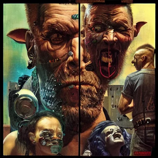 Image similar to cyberpunk orcs, rule of thirds, cinematic lighting, by chuck close, by norman rockwell, hyperrealistic photorealism acrylic on canvas, hyper detailed, mohawk.