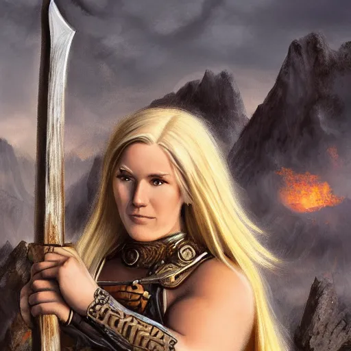 Prompt: an ultradetailed portrait of a beautiful and tough looking blonde viking woman, carrying a large axe above her head, fantasy, intricate, elegant, highly sharp focus, illustration, digital painting, smiling playfully, burning village in the background, night time raid, 8 k, artstation, fine detail, art by frank frazetta