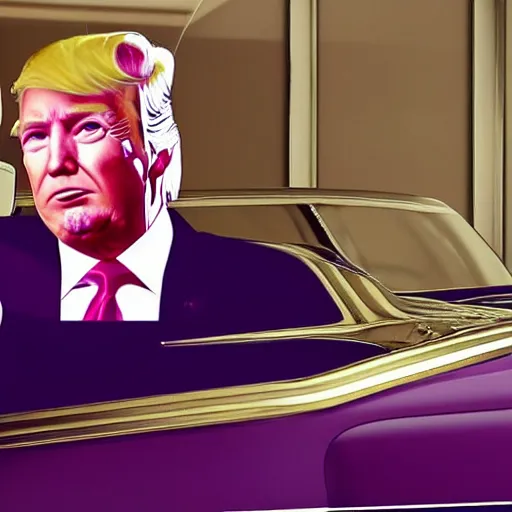 Prompt: portrait of donald trump sitting on a roll's royce, gta 5 artwork, gold chain necklace, very detailed face, purple suit