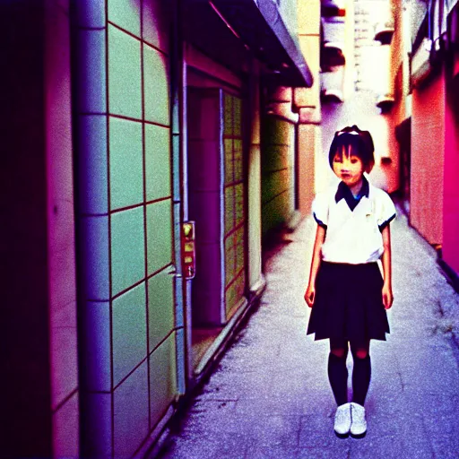 Image similar to 1990s perfect 8K HD professional cinematic photo of a japanese schoolgirl, in sci-fi alleyway at evening, at instagram, Behance, Adobe Lightroom, with instagram filters, depth of field, taken with polaroid kodak portra