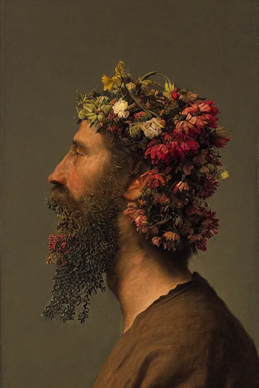 Image similar to a man's face in profile, with a long beard made of flowers and fruit, in the style of the dutch masters, dark and moody