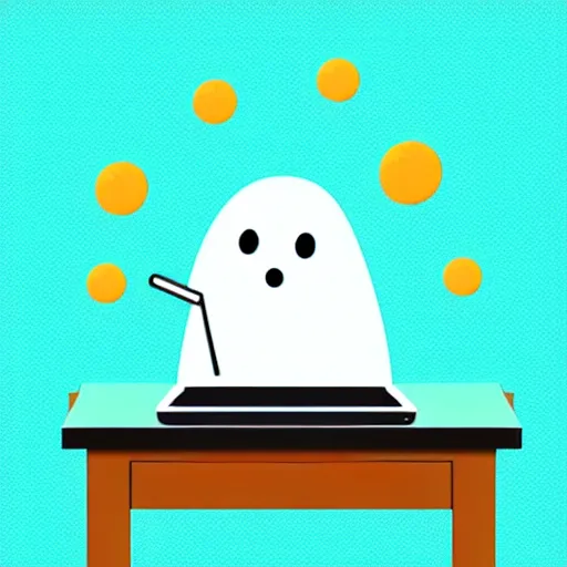 Prompt: simple vector illustration of a cute and friendly ghost typing on a laptop