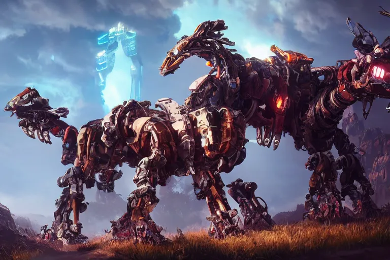 Image similar to thunderjaw machine mecha animal beast robot of horizon forbidden west horizon zero dawn bioluminiscence global illumination ray tracing hdr fanart arstation by sung choi and eric pfeiffer and gabriel garza and casper konefal