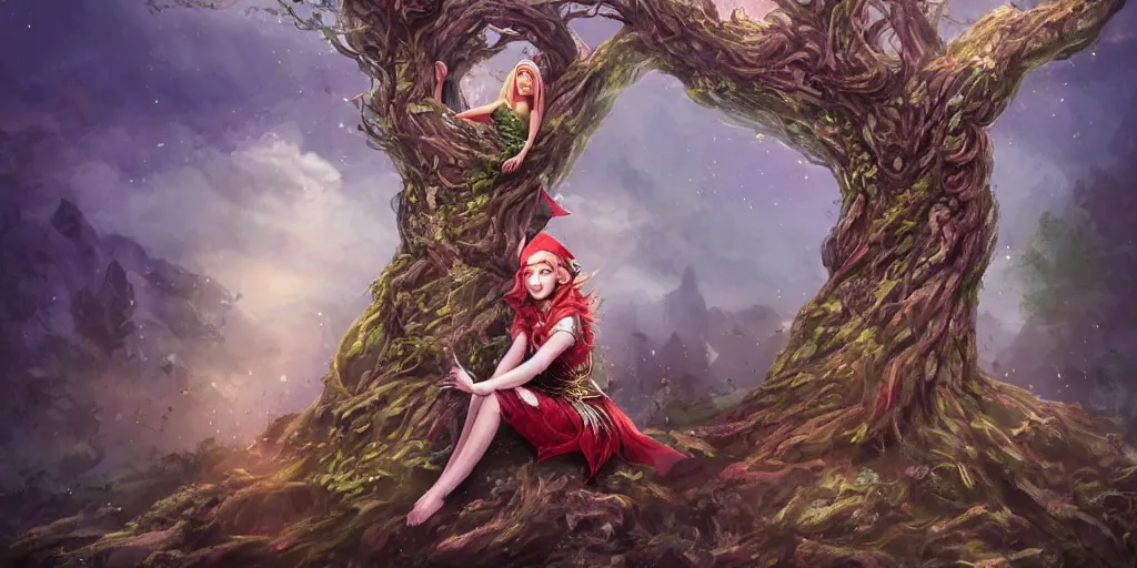 Prompt: alluring highly-res photo an attractive young elf woman (with a face of iceland young lady) sitting on top of giant tree in her tree city, clothed in a chesty fantasy outfit, intricate, elegant, highly detailed, digital painting, trending on Artstation, concept art, smooth, sharp focus, colorful, illustration, in the style of artgerm and greg rutkowski and alphonse mucha