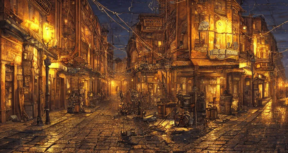 Image similar to steampunk city streets at night by guido borelli da caluso, junk everywhere, wires hanging, steam, trending on artstation