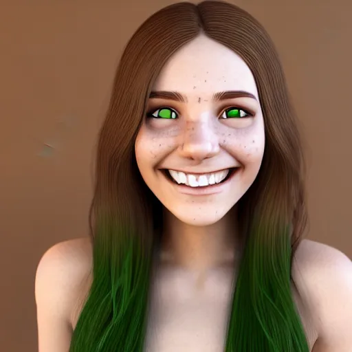 Image similar to Render of a cute 3d young woman smiling, long shiny bronze brown hair, full round face, emerald green eyes, medium skin tone, light cute freckles, smiling softly, wearing casual clothing, relaxing on a modern couch, interior lighting, cozy living room background, medium shot, mid-shot, soft focus, trending on Artstation, Unreal Engine 5 , 4k, professional photography, Portra 400