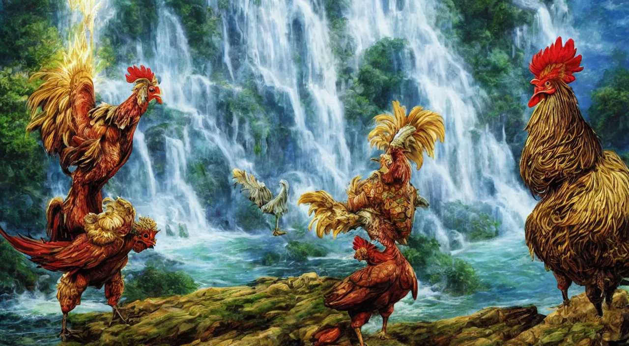 Image similar to knight fighting a giant rooster in front of a waterfall, fantasy, sunshine, holy, light rays, in the style of boris vallejo