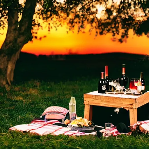 Image similar to romantic picnic with wine bottles under the stars