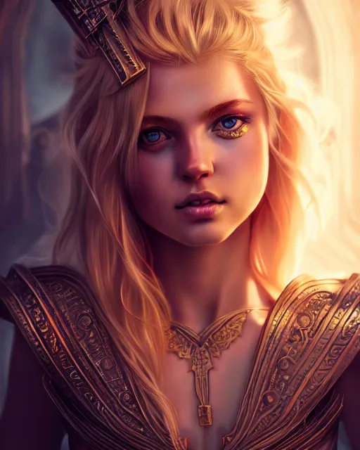Image similar to Beautiful art portrait of a blond girl as a fantasy warrior in a bright temple, atmospheric lighting, intricate detail, cgsociety, hyperrealistic, octane render, RPG portrait, ambient light, dynamic lighting