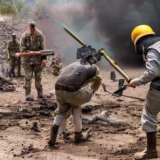 Prompt: minions firing a mortar from a mortar pit, debris and dirt flying from recoil, smoke, war photography