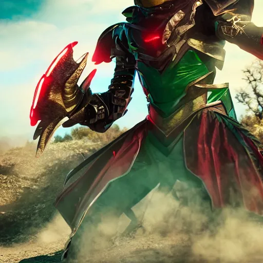 Prompt: High Fantasy Kamen Rider, 4k, vibrant colors, rock quarry location, glowing eyes, fantasy inspired dragon armor, action scene, daytime, Fabian Wagner Cinematography,