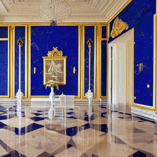 Prompt: grand hall in a mansion with lapis lazuli walls