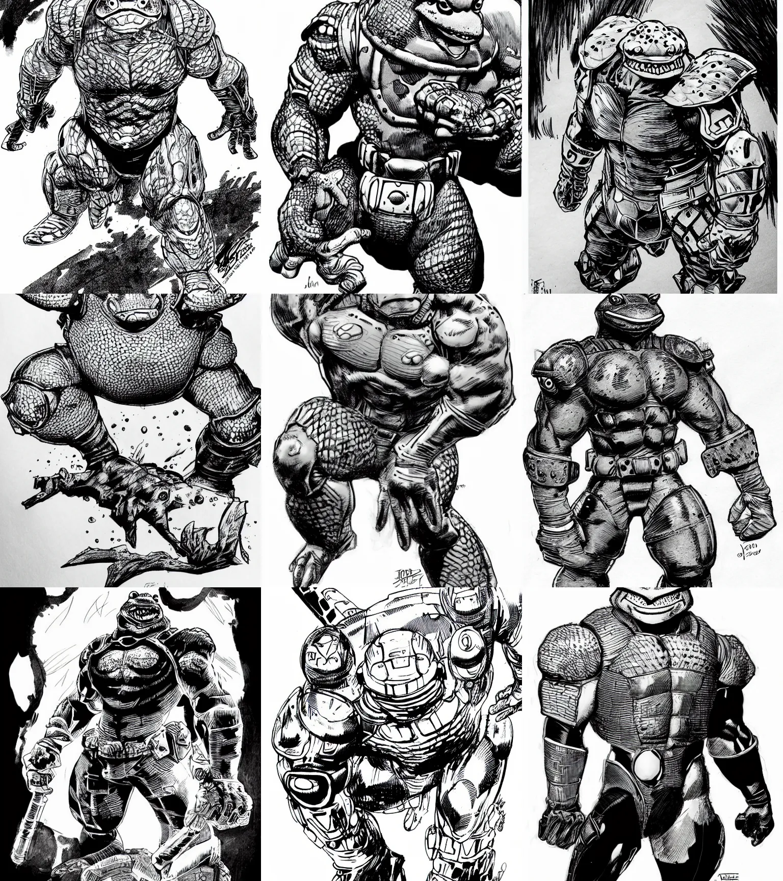 Prompt: toad animal!!! jim lee!!! full shot!! flat grayscale ink sketch by jim lee close up in the style of jim lee, cyborg! armored hunter hulk toad animal looks at the camera by jim lee