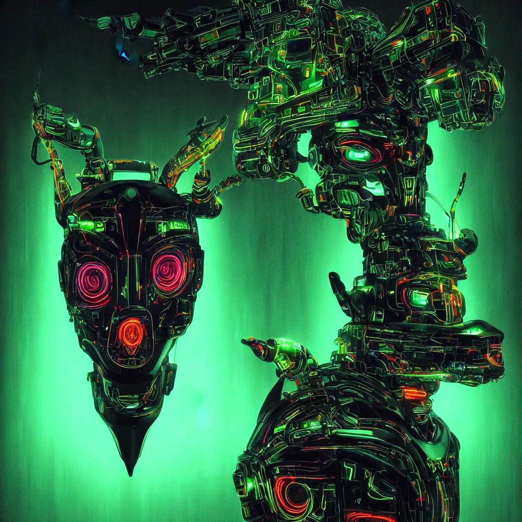 Image similar to poster style, a beautiful and terrifying painting with high details a digital portrait of cyber god of hunting with robotic deer head in style of green neon, cyber noir, movie atmosphere, movie lights, 8 k, light effect, rtx on, trending on artstation, by kilian eng, lee madgwick, bastien lecouffe - deharme