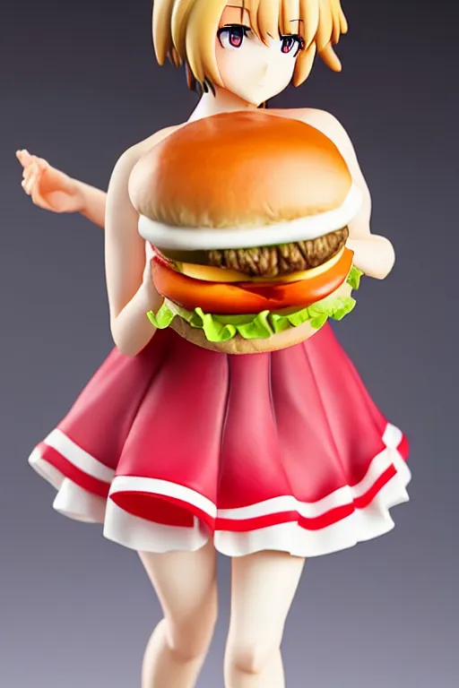 Image similar to figurine of hamburger wearing an elegant summer blouse, personification, official store photo, commercial photo, featured on amiami, lovecraftian, 8 k, 8 5 mm, beautiful composition