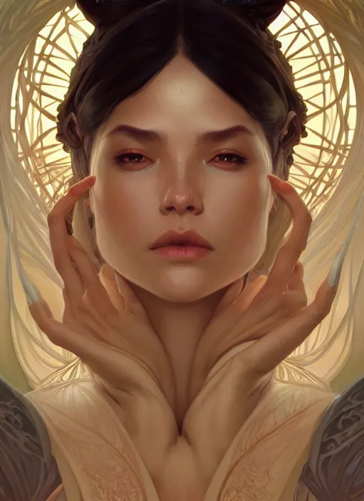 Image similar to symmetry!! portrait of a female sorcerer, dar fantasy, intricate, elegant, highly detailed, my rendition, digital painting, artstation, concept art, smooth, sharp focus, illustration, art by artgerm and greg rutkowski and alphonse mucha and huang guangjian and gil elvgren and sachin teng