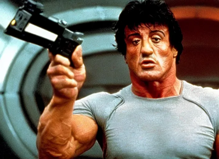 Image similar to sylvester stallone in a still from the movie Total Recall (1990)