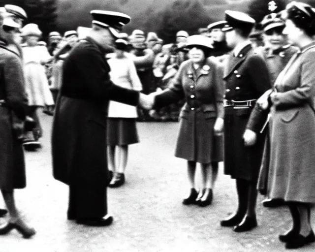 Prompt: ultra wide 1 9 4 6 blurry historical photo of a single german general shaking hands with a young queen elizabeth in a french village, her corgis are nearby highly detailed, sharp focus