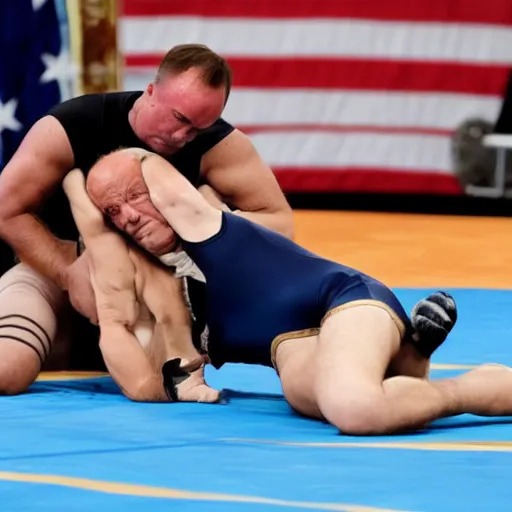 Image similar to alex jones is wearing a leotard and is wrestling on a wrestling mat with Joe Biden wearing an azov battallion uniform, they are both incontinent and have soiled and vomitted on the wrestling mat