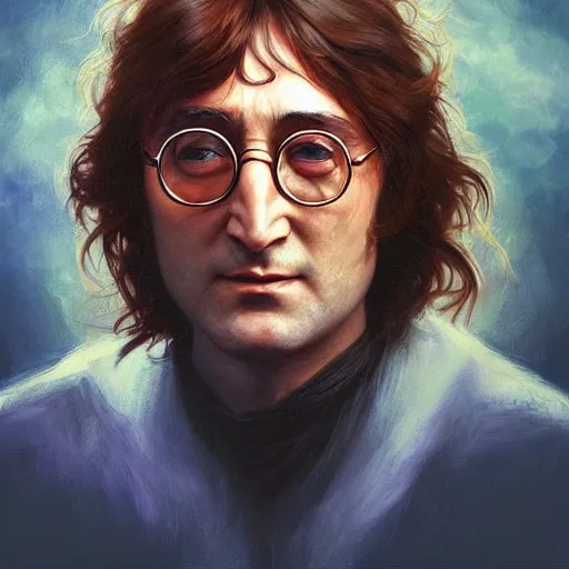 Prompt: Beautiful face Portrait of John Lennon, powerful magic, thunders, dramatic lighting, intricate, wild, highly detailed, digital painting, artstation, concept art, smooth, sharp focus, illustration, art by artgerm and greg rutkowski and alphonse mucha, footage from space camera