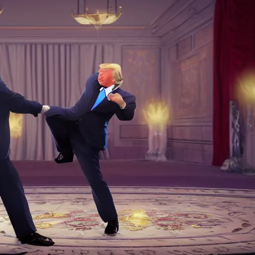 Image similar to Donald Trump and Vladimir Putin dancing to hip hop music by H.P. Lovecraft and abaddon and magali villeneuve and ghibli and moebius and Alphonse Mucha and Takashi Murakami, 8k, epic scene, scifi, unreal engine, trending on cg station. masterpiece.