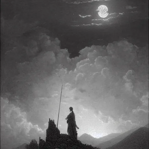 Image similar to A widow looks from a mountaintop, mountains, gorgeous view, velly distant forest, distant city, distant glow, night, moon, dramatic light, Chiaroscuro, long shadows, dark, thunderclouds, masterpiece, high detail, detailed, illustration by Paul Gustave Doré