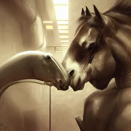 Prompt: an enormously muscular anthro horse in a research facility wearing a skintight body armor, experimental supersoldier, long white mane, equine, anthro art, furaffinity, highly detailed, digital painting, artstation, concept art, illustration, art by artgerm, greg rutkowski, ruan jia