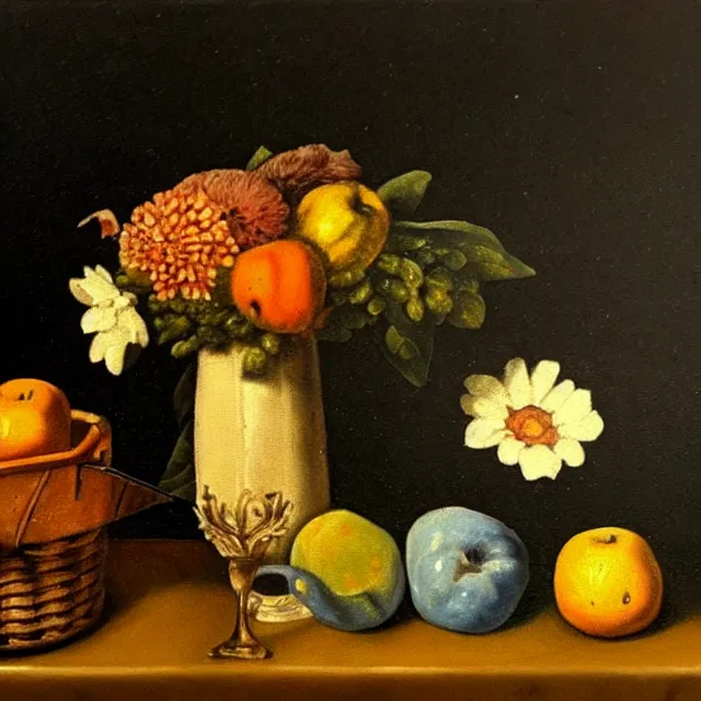 Image similar to a still life, extraordinarily badly painted