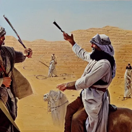 Prompt: Painting of Larry David leading a battle in the Great Arab Revolt