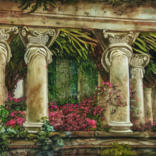 Prompt: delicate garden on paper floating puffy vines old book botanical herbarium botanic watercolors iridescent 8 k wide angle realistic artstation italian rainbow colonnade oak pinecone architecture pompeii