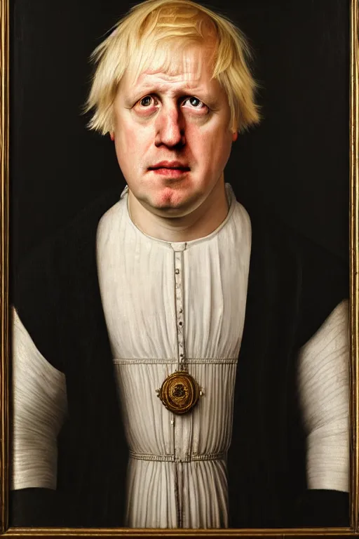 Image similar to a single portrait of Boris Johnson, by Rogier van der Weyden, facing front, oil painting, a single tear runs down the face, anatomically correct, beautiful perfect face, sharp focus, Highly Detailed, Cinematic Lighting, 8k, HD