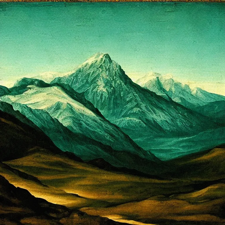 Prompt: caucasus mountains at night, renaissance painting, teal palette