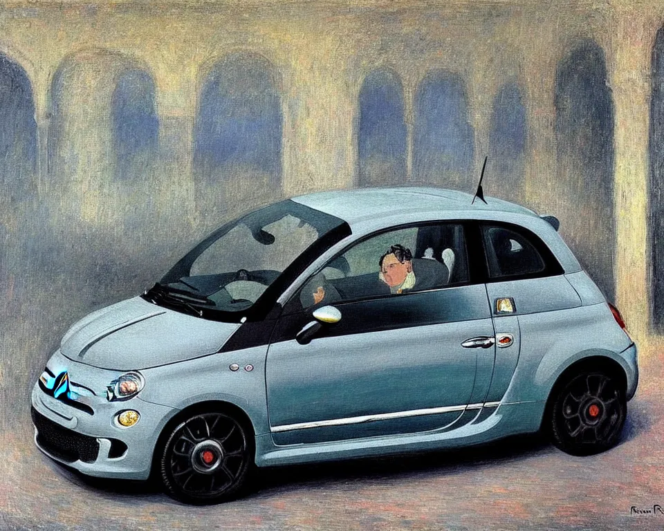 Image similar to achingly beautiful painting of a grey 2 0 1 3 fiat 5 0 0 abarth by rene magritte, monet, and turner.