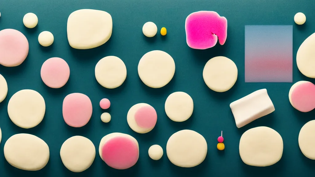 Prompt: a sparse arrangement of wagashi cakes, japan, a collage painting, in the style of wes anderson, lola dupre, david hockney, isolated on negative white space background dark monochrome neon spraypaint accents volumetric octane render