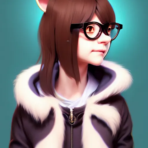 Prompt: character design portrait of an anthropomorphic furry rat girl with rat ears and a tail, normal sized eyes, wearing glasses, 4 k, concept art, by wlop, ilya kuvshinov, artgerm, krenz cushart, pixiv.