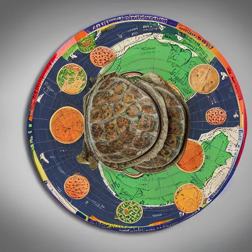 Image similar to a stack of turtles, turtles stacked beneath a round disc with a map of earth, side view