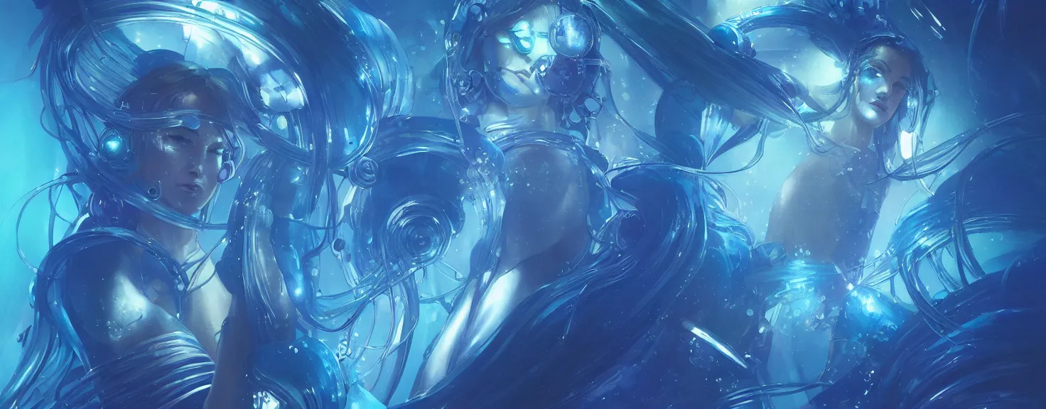 Prompt: cyberpunk jellyfish, blue tones, underwater, 8 mm, highly detailed, digital painting, artstation, concept art, smooth, sharp focus, illustration, art by artgerm and greg rutkowski and alphonse mucha