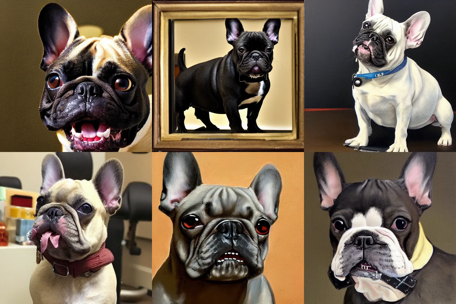 Prompt: french bulldog getting braces at the orthodontist office, by rembrandt