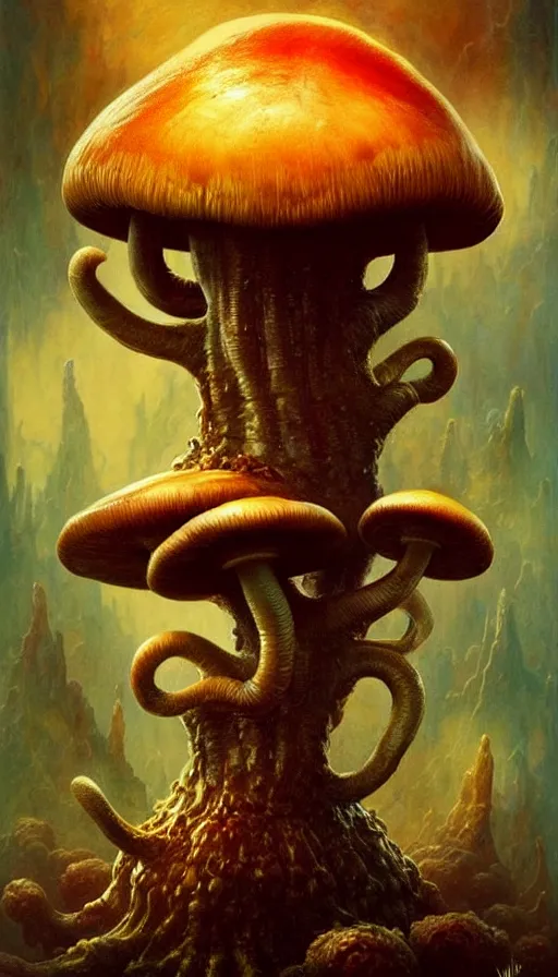 Image similar to exquisite imaginative imposing weird creature movie poster art humanoid hype realistic mushroom movie art by : : weta studio tom bagshaw james jean frank frazetta